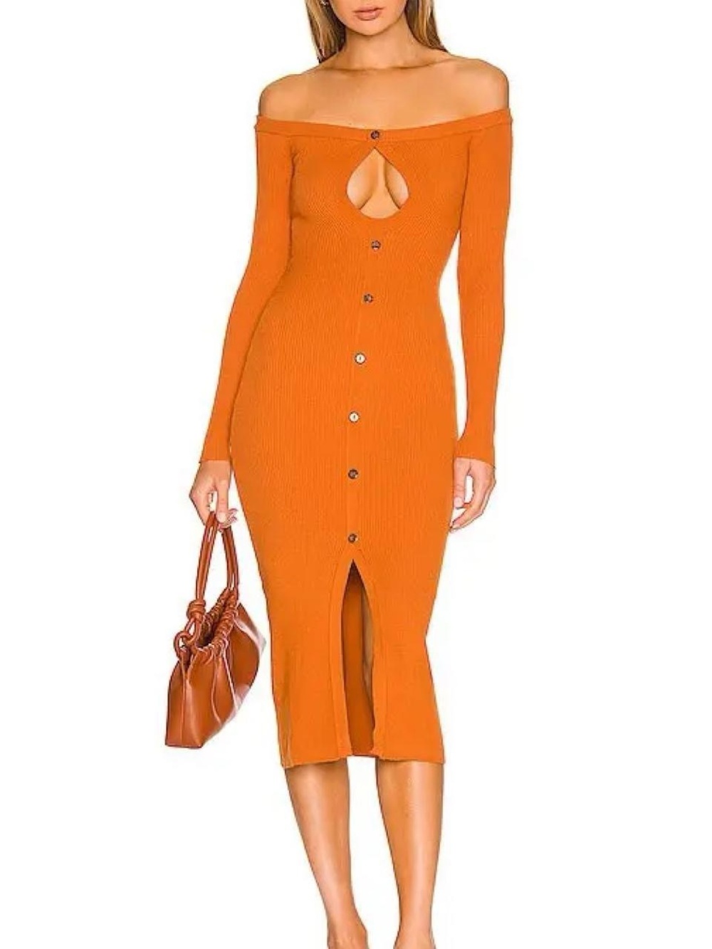 NBD Off-Shoulder Button-Front Midi Dress in Orange